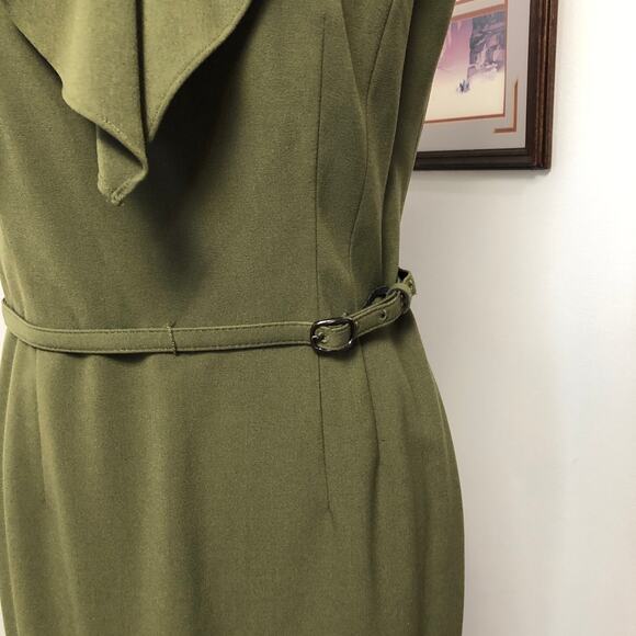 Evan Picone Olive Green Ruffle Front Dress 10 Medium Sheath Cocktail Holiday - Picture 3 of 11